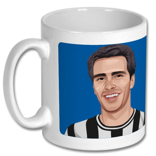 Retrotext 11oz white ceramic mug featuring a portrait of Newcastle United captain Bobby Moncur in black and white kit