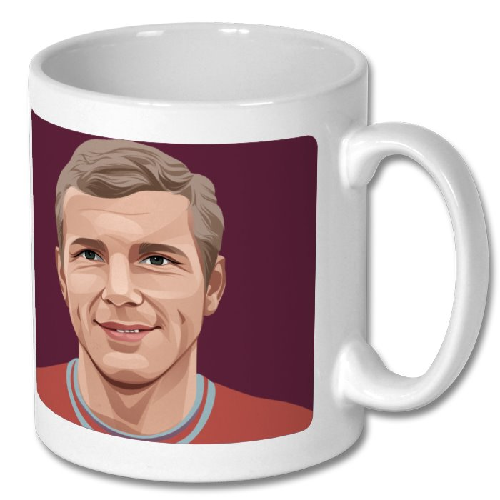 Retrotext ceramic mug featuring a detailed illustration of West Ham legend Bobby Moore in claret and blue kit