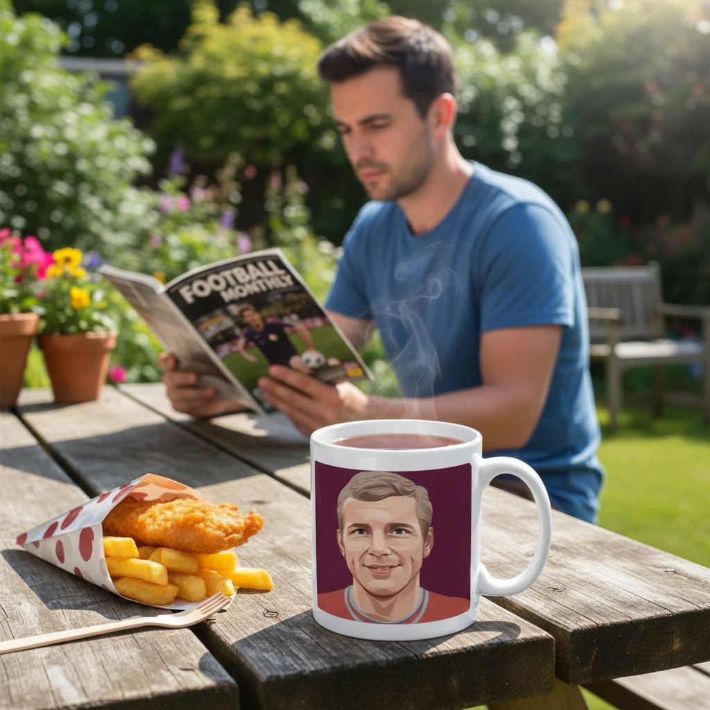 Retrotext West Ham United 1964 FA Cup Bobby Moore mug on a wooden garden table with fish and chips and a man reading