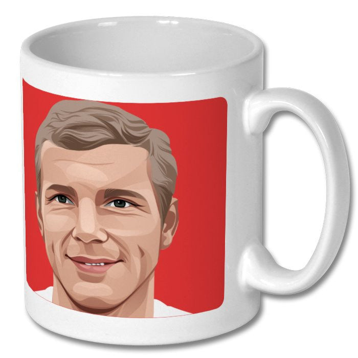 Retrotext 11oz white ceramic mug featuring a graphic illustration of England captain Bobby Moore on a red background