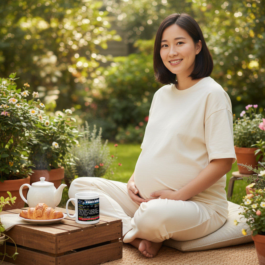 Retrotext 1966 World Cup Bobby Moore mug on a wooden crate next to a pregnant woman sitting in a sunny garden