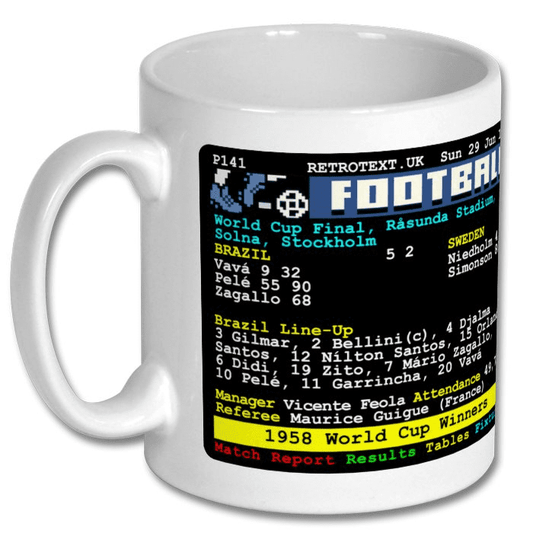 Retrotext 11oz glossy white ceramic mug featuring a vintage 1958 Brazil World Cup final teletext match report design.