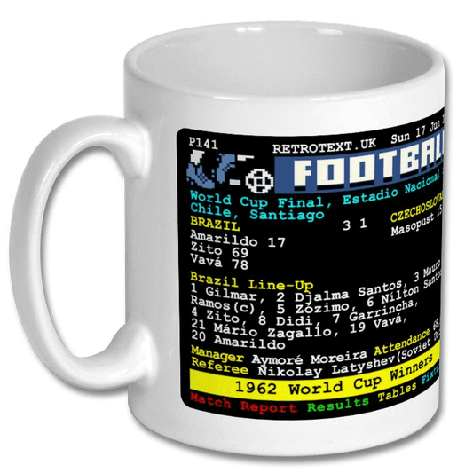 Retrotext 11oz glossy white ceramic mug featuring a 1962 Brazil World Cup final teletext match report design.