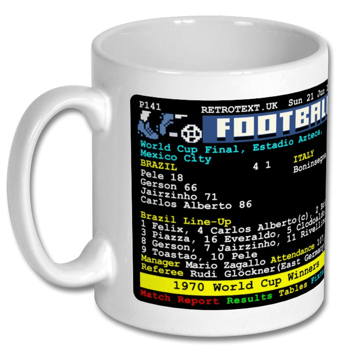 Retrotext 11oz glossy white ceramic mug featuring a 1970 Brazil World Cup final teletext match report design.