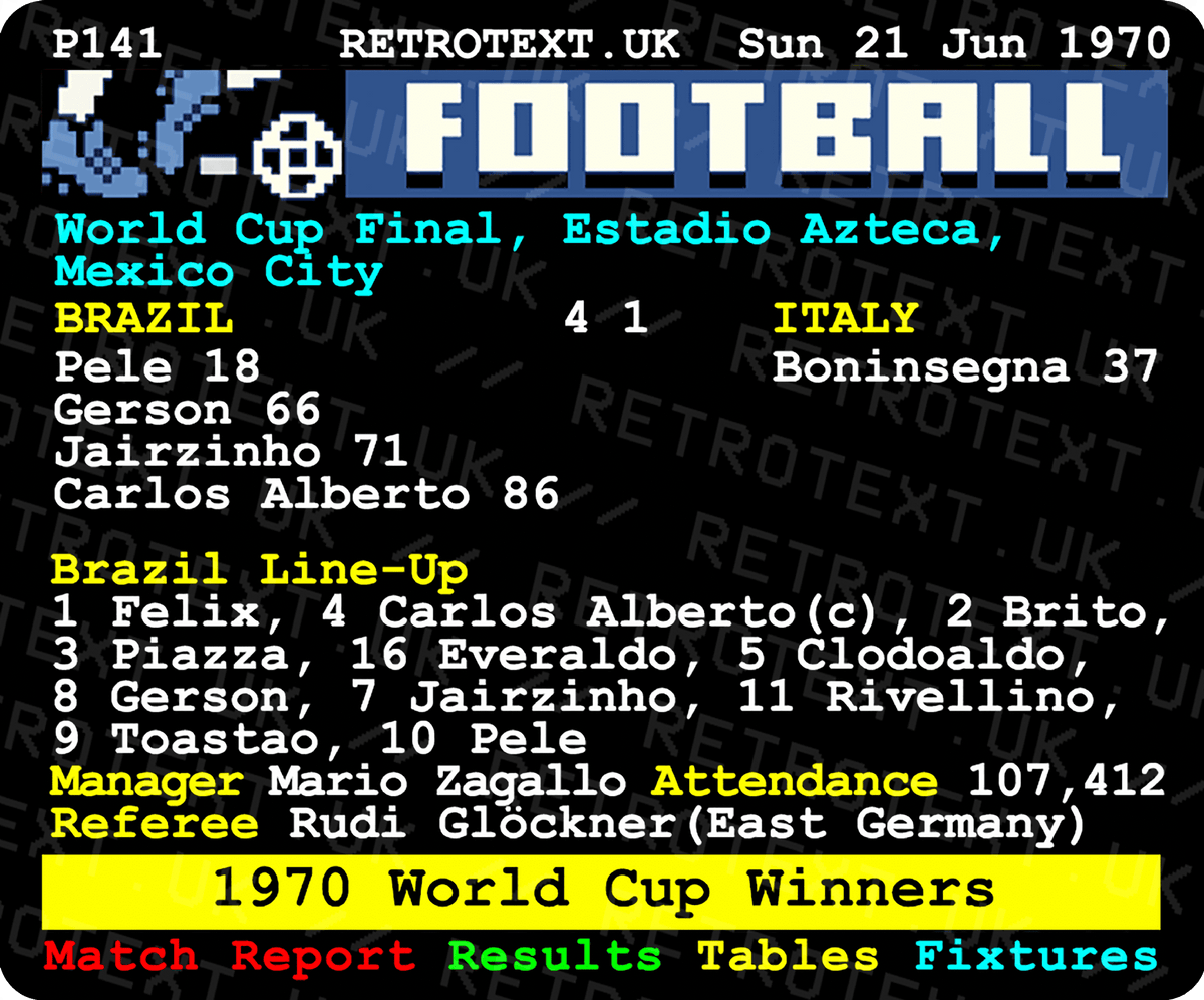 Retrotext Brazil 1970 World Cup final teletext design on a glossy white 11oz ceramic mug