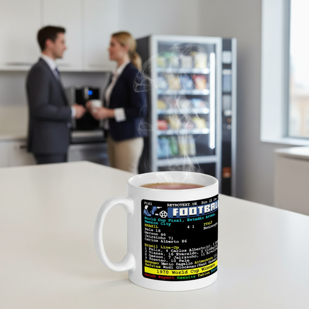 Retrotext Brazil 1970 World Cup Pele teletext mug with glossy white finish, steaming on a modern office kitchen counter.