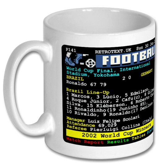 Retrotext 11oz white glossy mug featuring a vintage teletext graphic of the 2002 Brazil World Cup final match report
