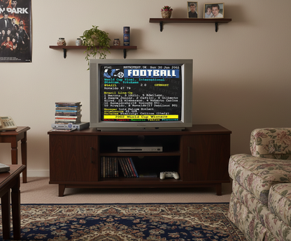 Retrotext 11oz glossy white mug featuring a 2002 Brazil World Cup winners teletext screen design on a living room TV