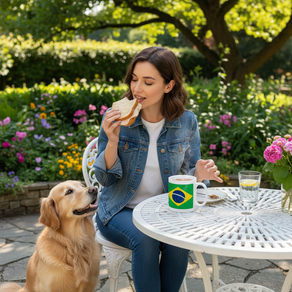 Retrotext Brazil 2002 World Cup winners mug on a garden table next to a woman eating a sandwich and a golden retriever.