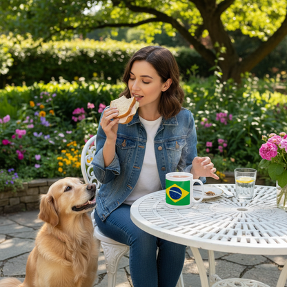Retrotext Brazil 2002 World Cup winners mug on a garden table next to a woman eating a sandwich and a golden retriever.