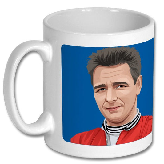 Retrotext 11oz glossy white ceramic mug featuring a graphic illustration of Brian Clough in a red jacket
