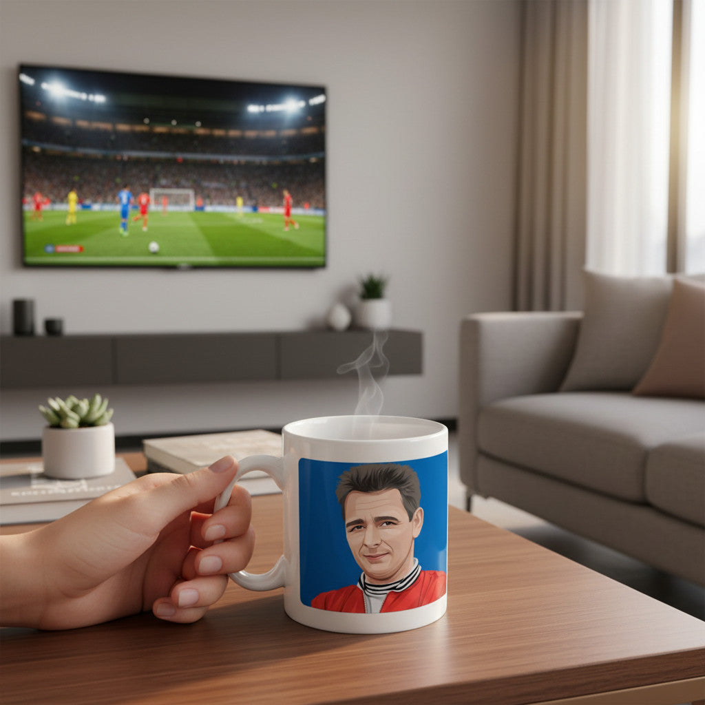 Retrotext Derby County 1972 Brian Clough mug with glossy white finish, held in a hand in a living room setting.