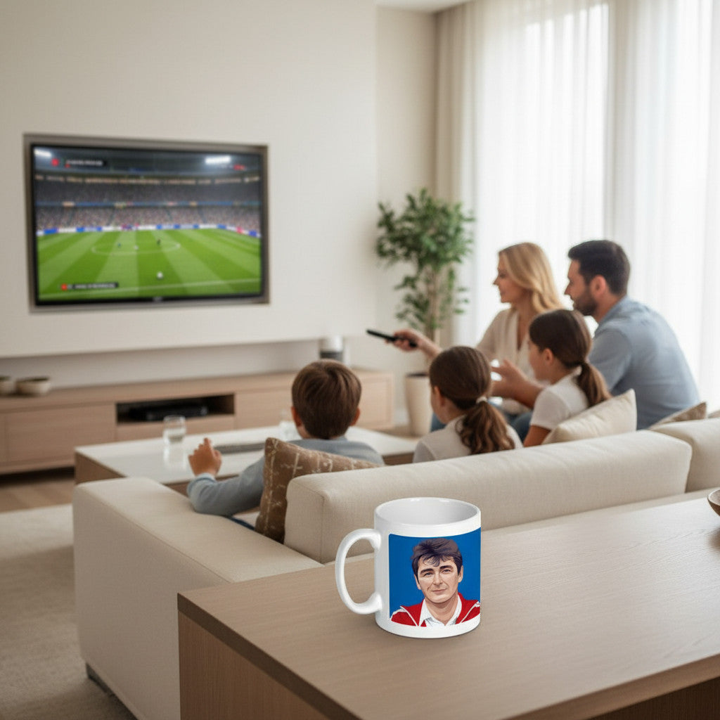Retrotext Nottingham Forest 1979 Brian Clough ceramic mug on a wooden table with a family watching football in background