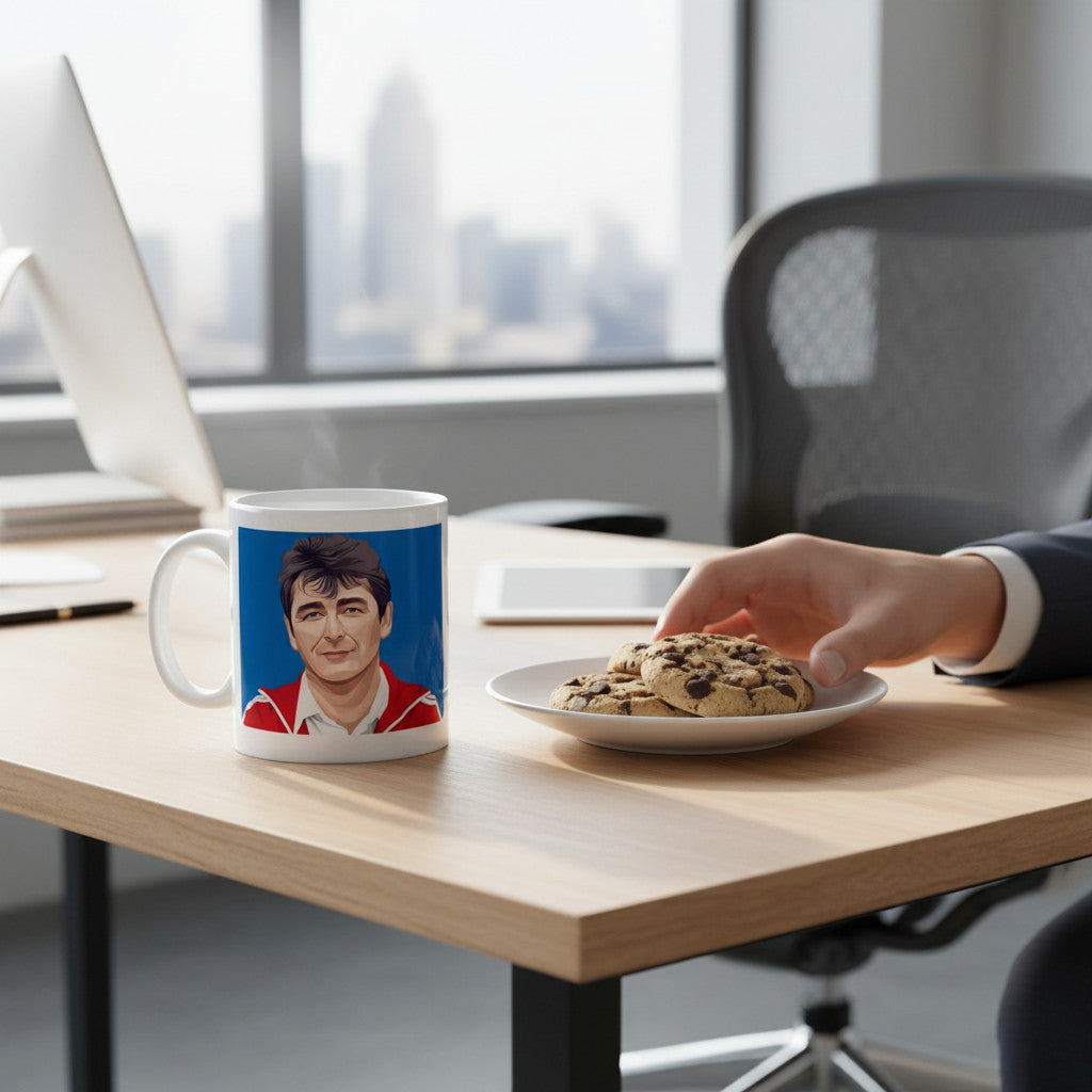 Retrotext 11oz glossy white mug featuring a Brian Clough illustration on a desk with a plate of chocolate chip cookies