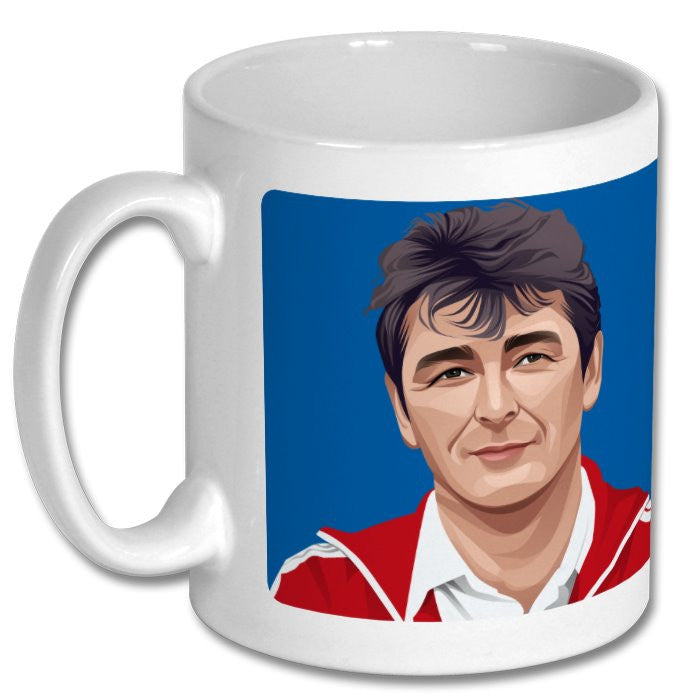 Retrotext white 11oz ceramic mug featuring a graphic illustration of Brian Clough in a red Nottingham Forest jacket.