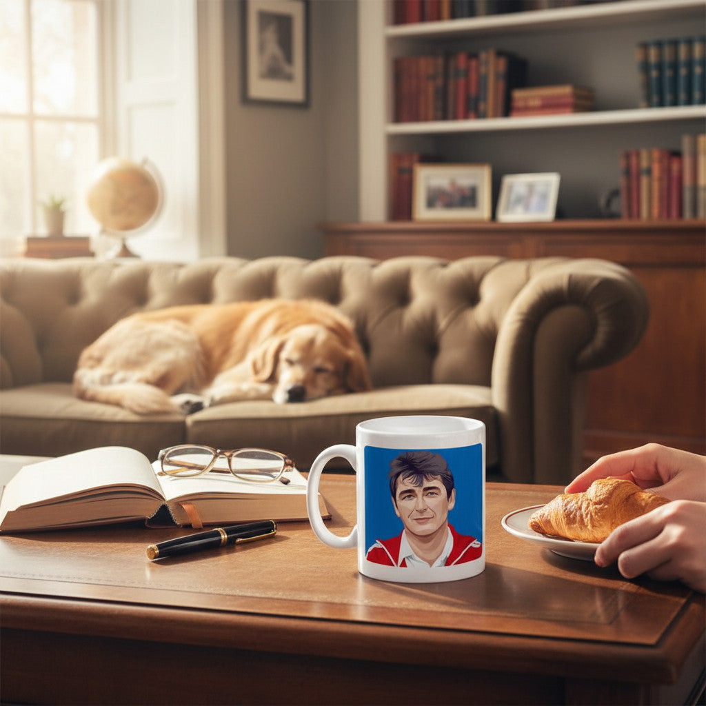 Retrotext white ceramic mug featuring a Brian Clough illustration on a coffee table with a croissant and sleeping dog
