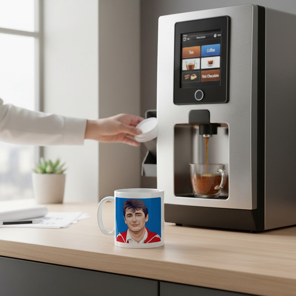 Retrotext white ceramic mug featuring a portrait of Brian Clough, displayed on a desk next to a coffee machine.