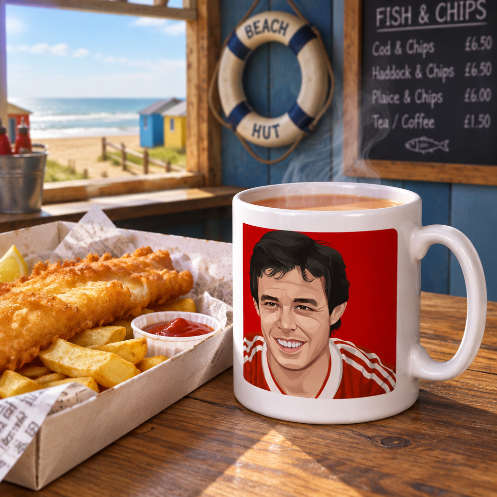 Retrotext 11oz white ceramic mug featuring a Brian Flynn illustration, displayed next to fish and chips by the sea.