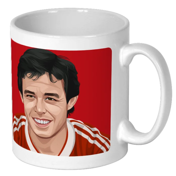 Retrotext 11oz white ceramic mug featuring a graphic illustration of footballer Brian Flynn in a red Wrexham kit