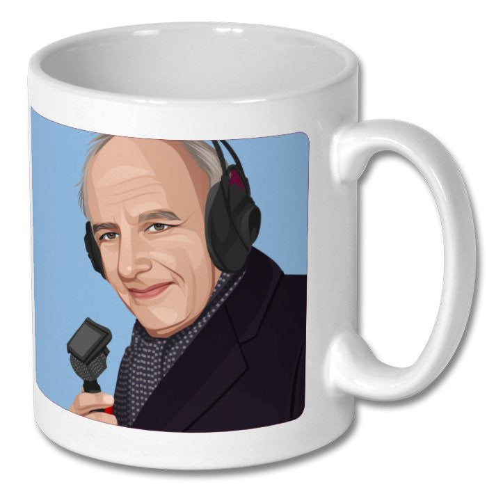 Retrotext white ceramic mug featuring a graphic illustration of commentator Brian Moore with headphones and microphone