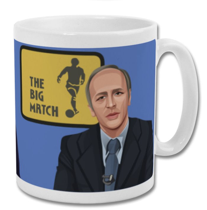 Retrotext 11oz glossy white ceramic mug featuring a graphic illustration of football commentator Brian Moore.