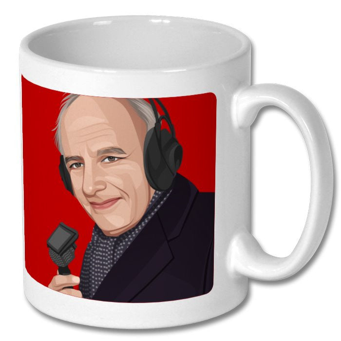 Retrotext ceramic coffee mug featuring an illustration of commentator Brian Moore on a vibrant red background