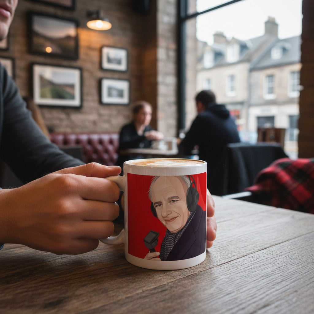 Retrotext ceramic coffee mug featuring a Brian Moore illustration, held by a person in a cozy cafe setting.