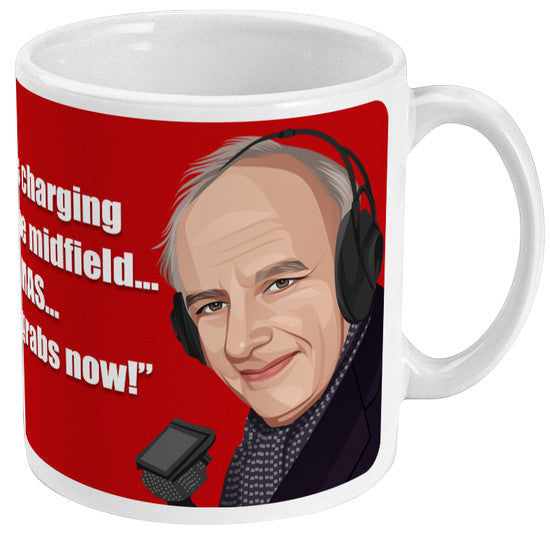 Retrotext ceramic mug featuring a Brian Moore illustration and iconic 1989 football commentary on a red background