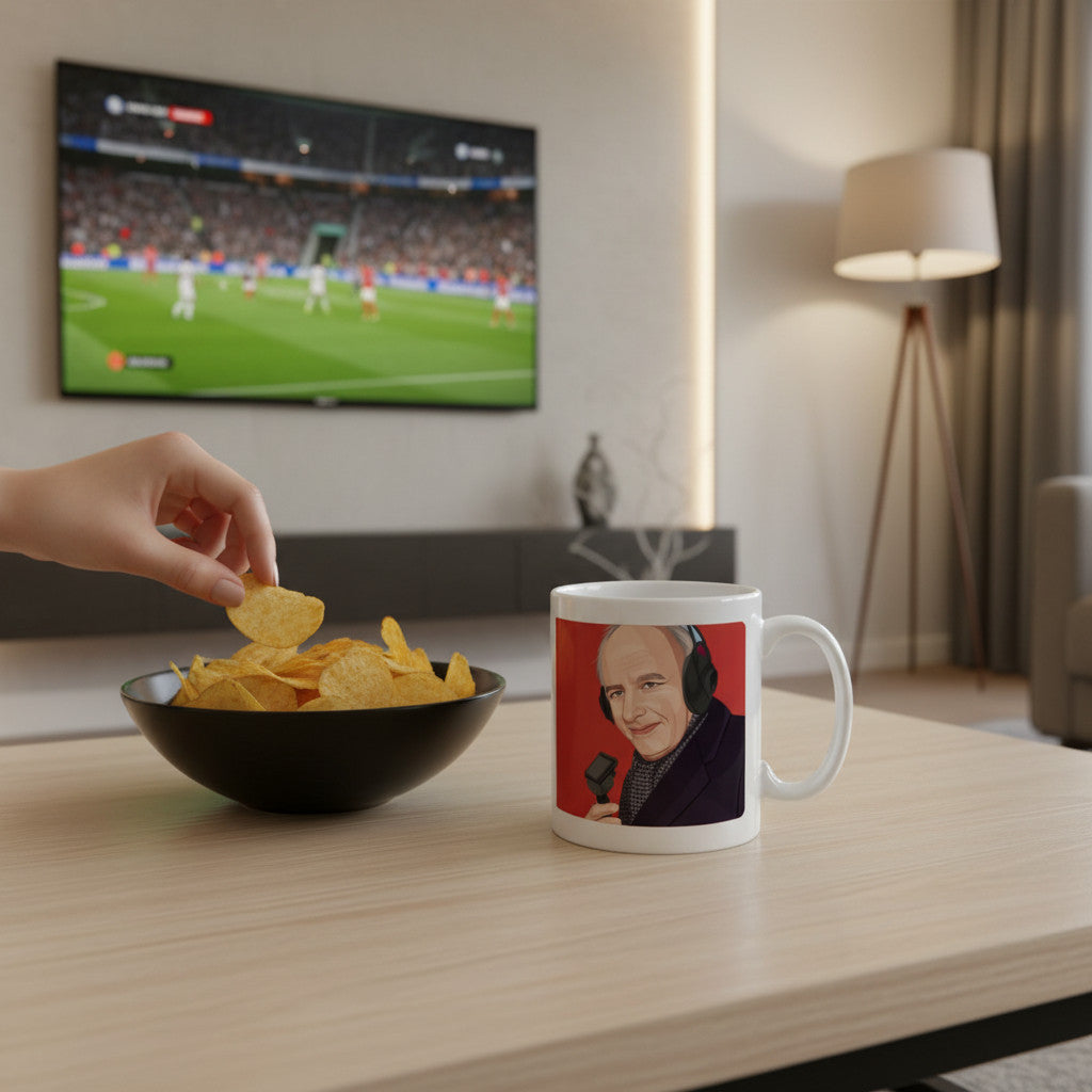 Retrotext Sunderland 1973 FA Cup mug featuring Brian Moore illustration on a wooden table next to a bowl of chips