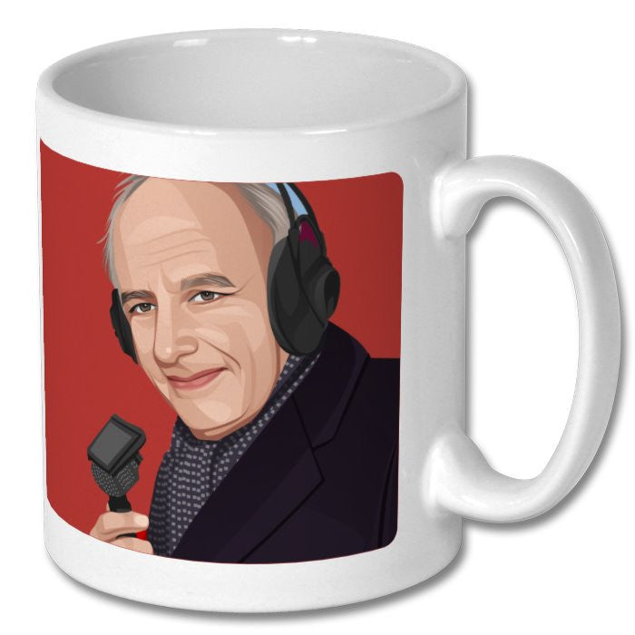 Retrotext white ceramic mug featuring a graphic illustration of commentator Brian Moore with a microphone