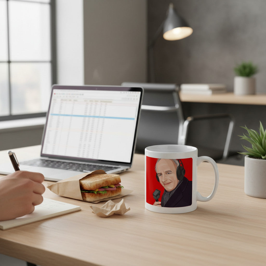 Retrotext white ceramic mug featuring a Brian Moore illustration on a desk next to a laptop and sandwich