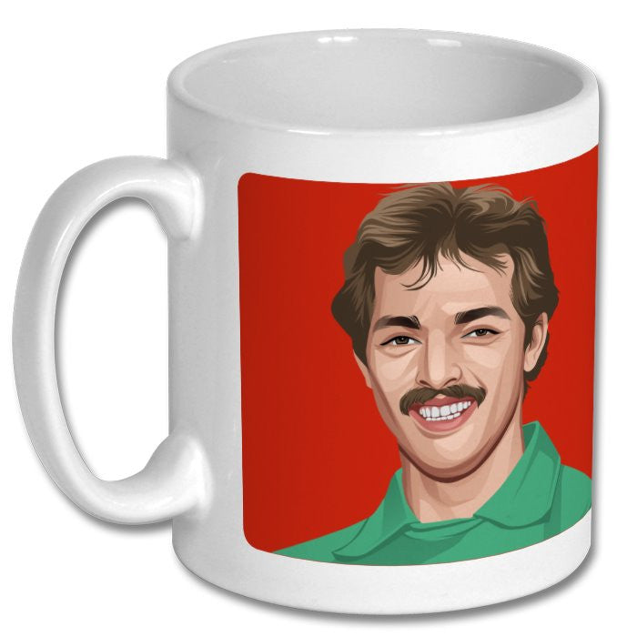 Retrotext 11oz glossy white mug featuring a cartoon illustration of Liverpool goalkeeper Bruce Grobbelaar