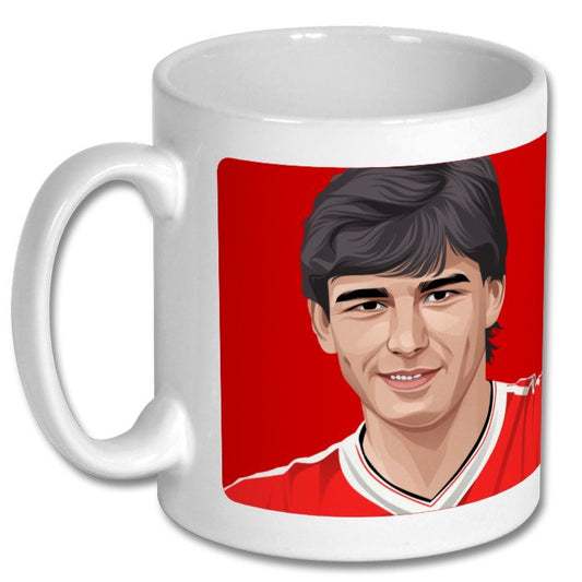 Retrotext Manchester United 1983 FA Cup winners Bryan Robson glossy white ceramic mug with red graphic illustration
