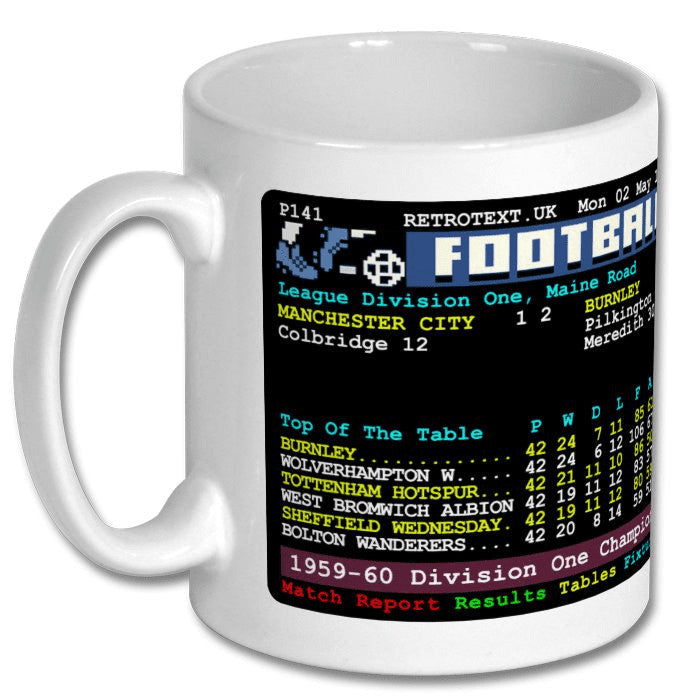Retrotext Burnley 1960 Division One Champions teletext design on a glossy white 11oz ceramic coffee mug