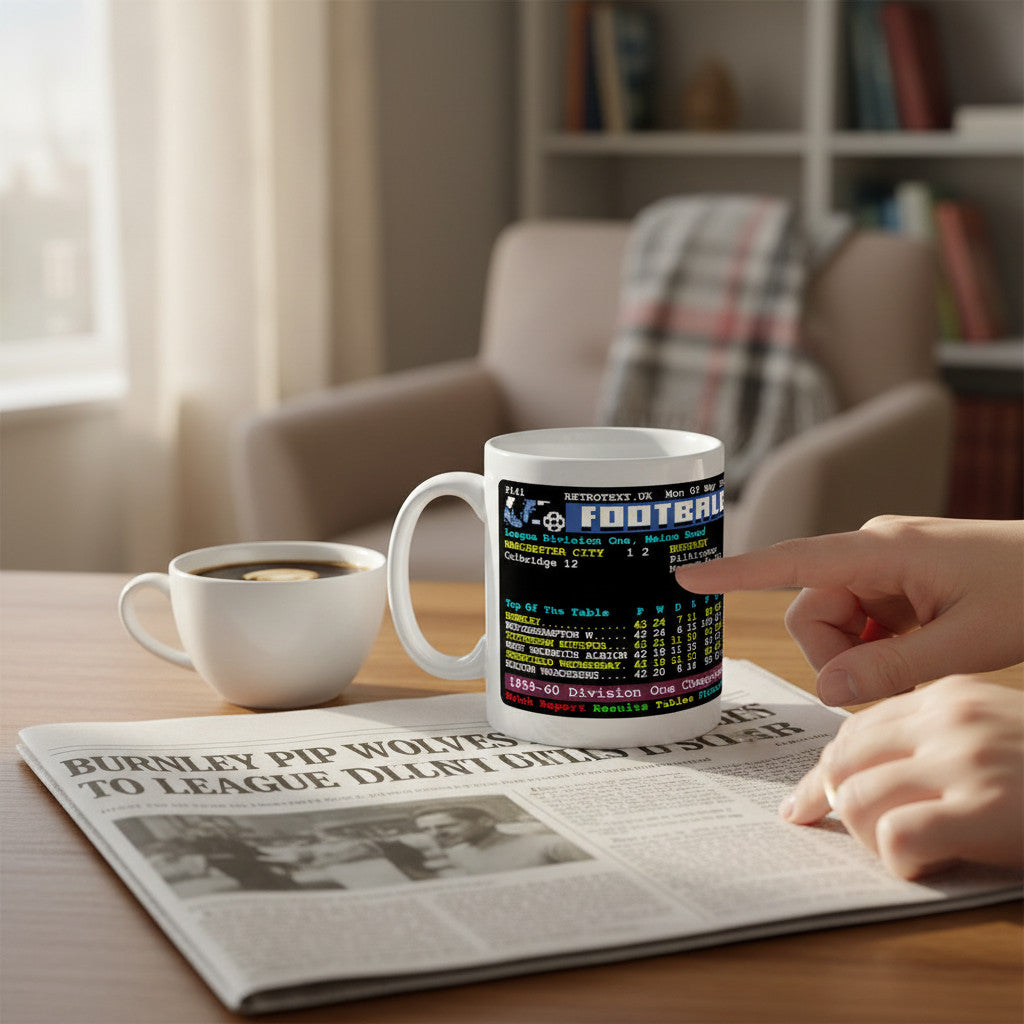 Retrotext Burnley 1960 Division One Champions teletext mug with glossy white finish on a wooden desk with a newspaper.