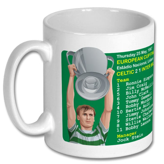 Retrotext ceramic mug featuring Billy McNeill lifting the 1967 European Cup trophy with the Celtic starting XI list.