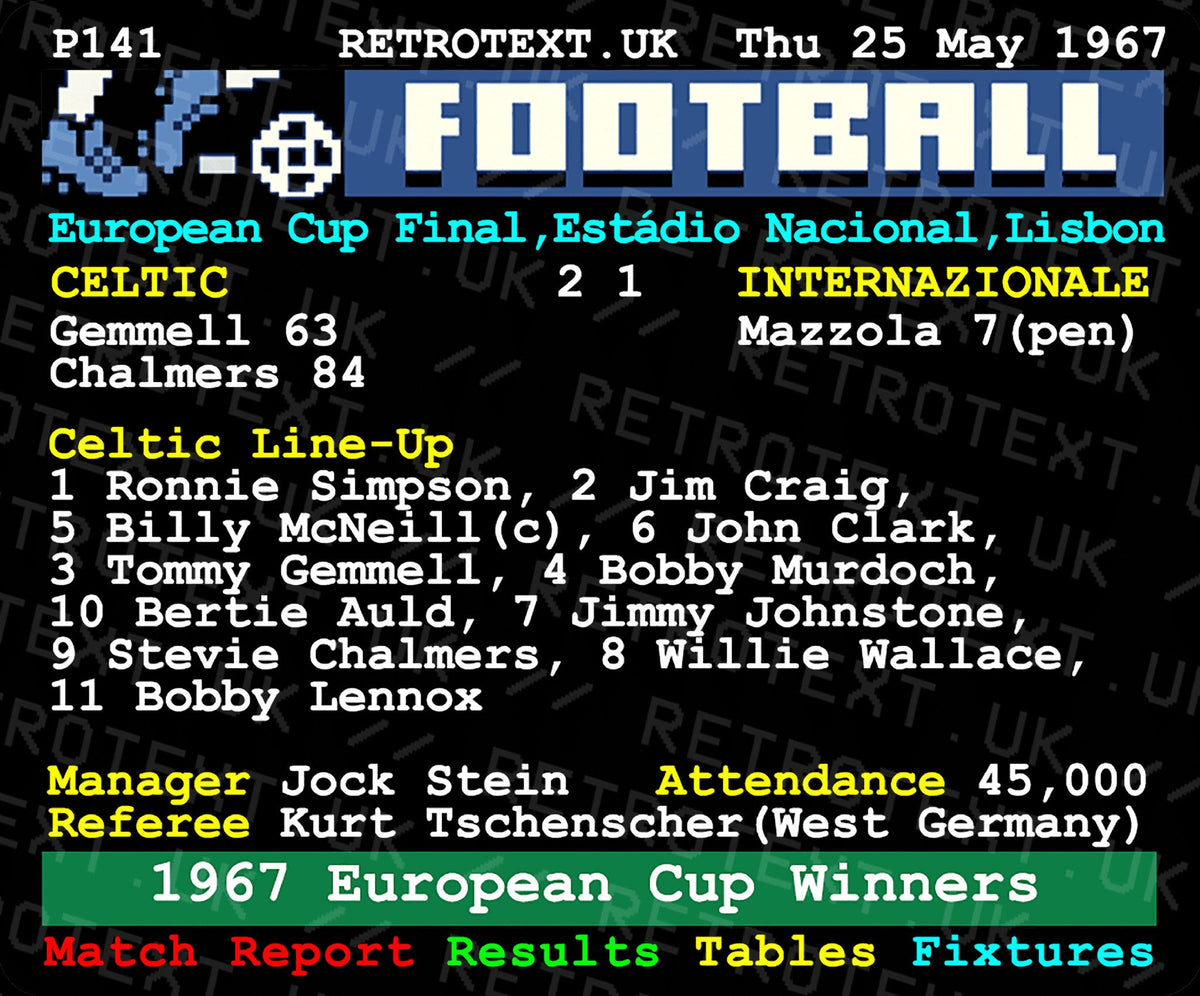 Retrotext ceramic mug featuring a 1967 Celtic European Cup final teletext design with match details and Jock Stein