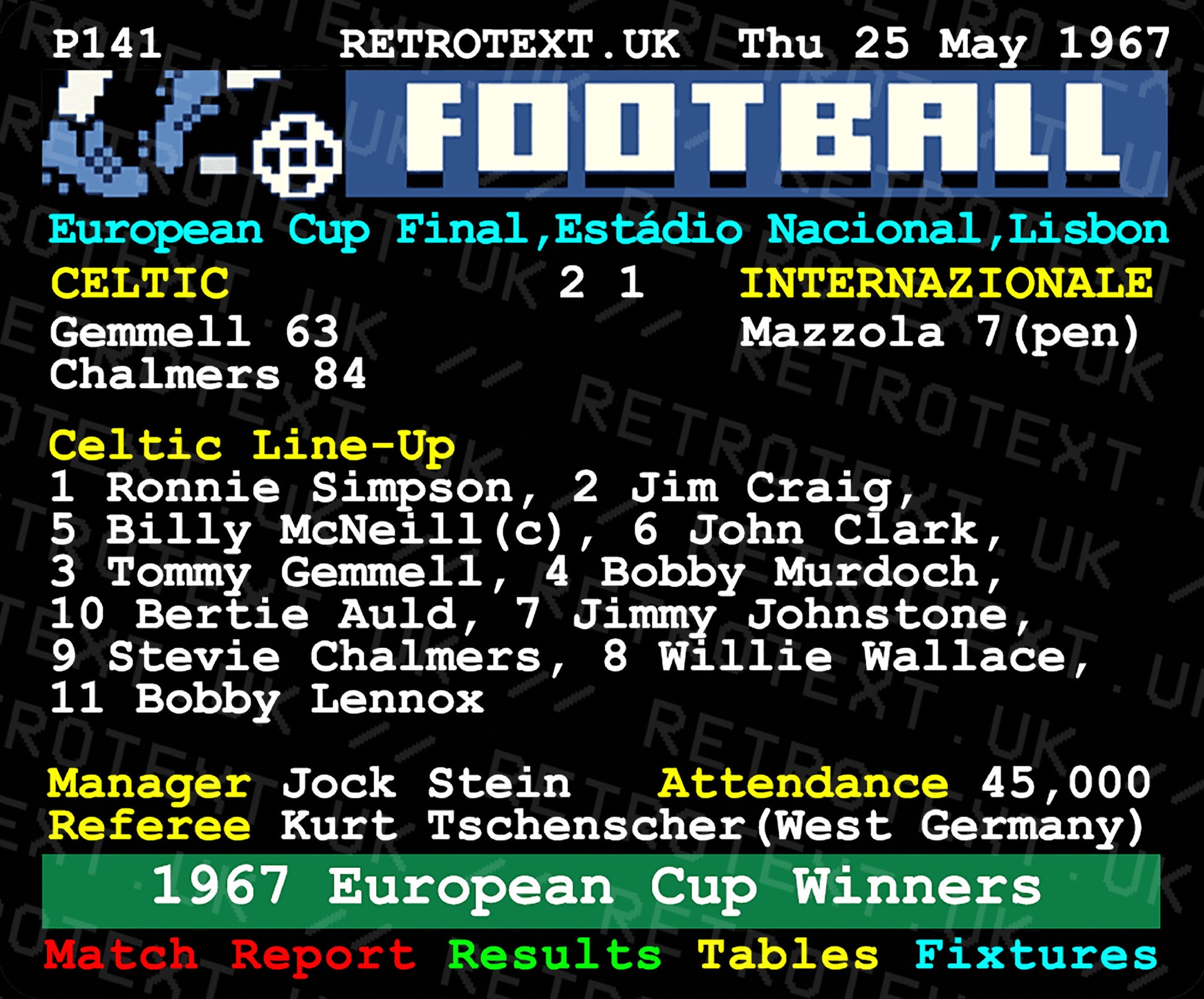 Retrotext Celtic 1967 European Cup final teletext design mug featuring match details and the Lisbon Lions starting XI