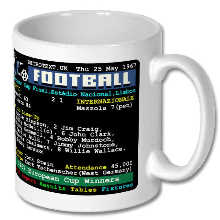 Retrotext Celtic 1967 European Cup winners ceramic mug featuring a vintage teletext match report design