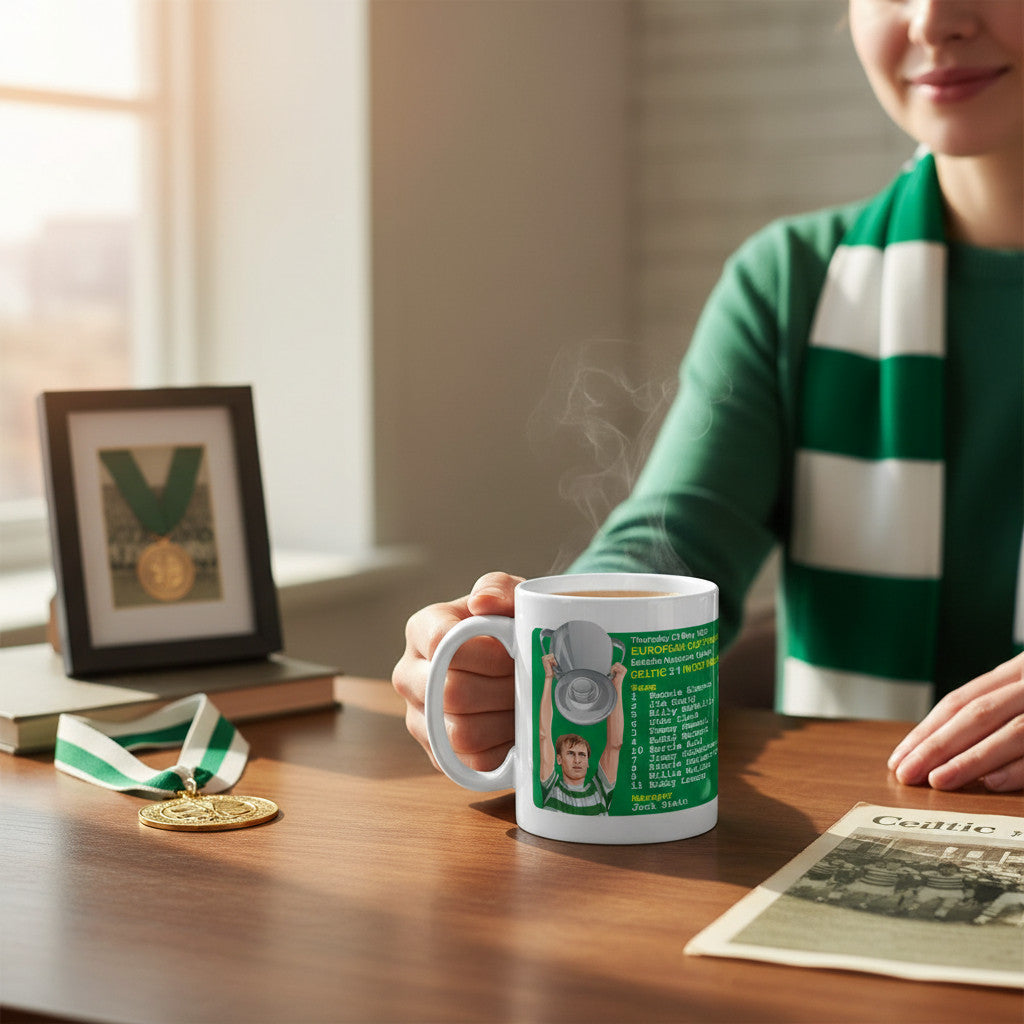 Retrotext ceramic mug featuring Billy McNeill lifting the 1967 European Cup, held by a fan in a green scarf.