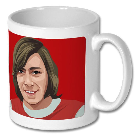 Retrotext Arsenal 1971 FA Cup winner Charlie George illustration on a glossy white 11oz ceramic mug