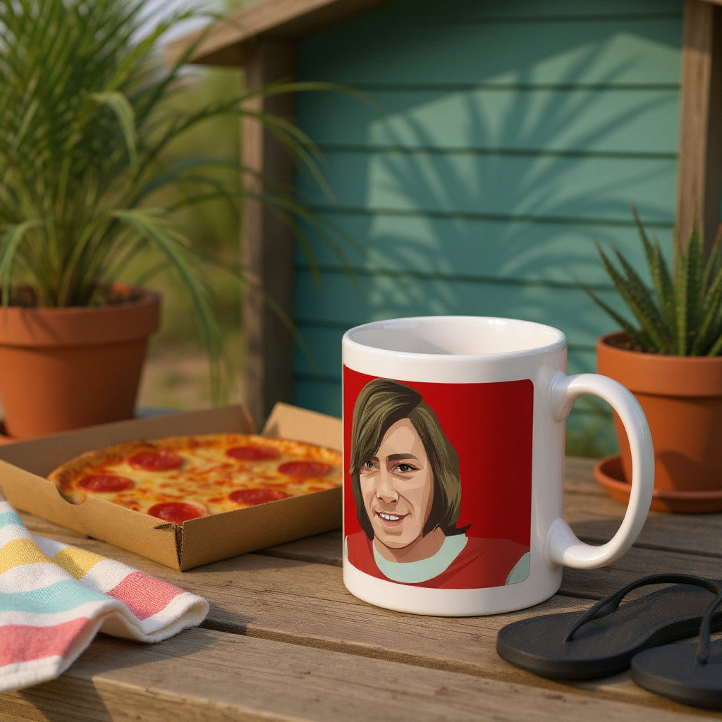 Retrotext Arsenal 1971 FA Cup Winners Charlie George mug with a glossy white finish on a wooden outdoor table.