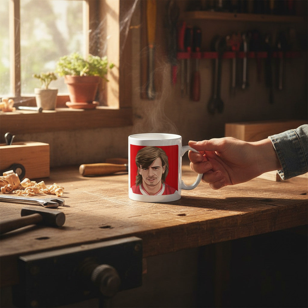 Retrotext ceramic mug featuring an illustration of Arsenal legend Charlie Nicholas on a rustic wooden workbench