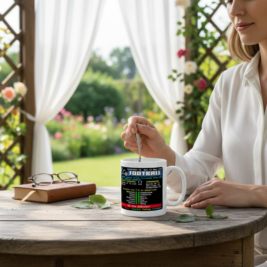 Retrotext Charlton Athletic 1998 Playoff Final mug with teletext design held by a woman at a garden table.