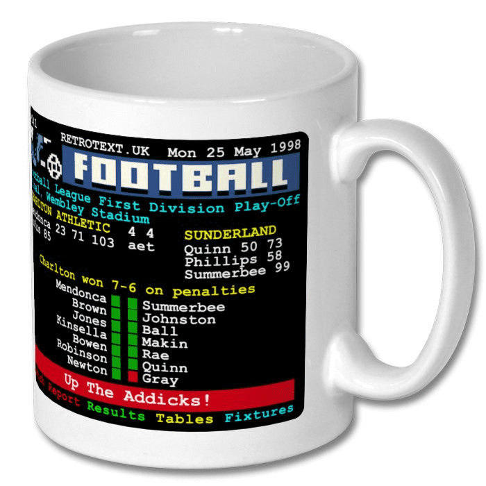 Retrotext Charlton Athletic 1998 Playoff Final glossy white ceramic mug featuring a vintage teletext match report