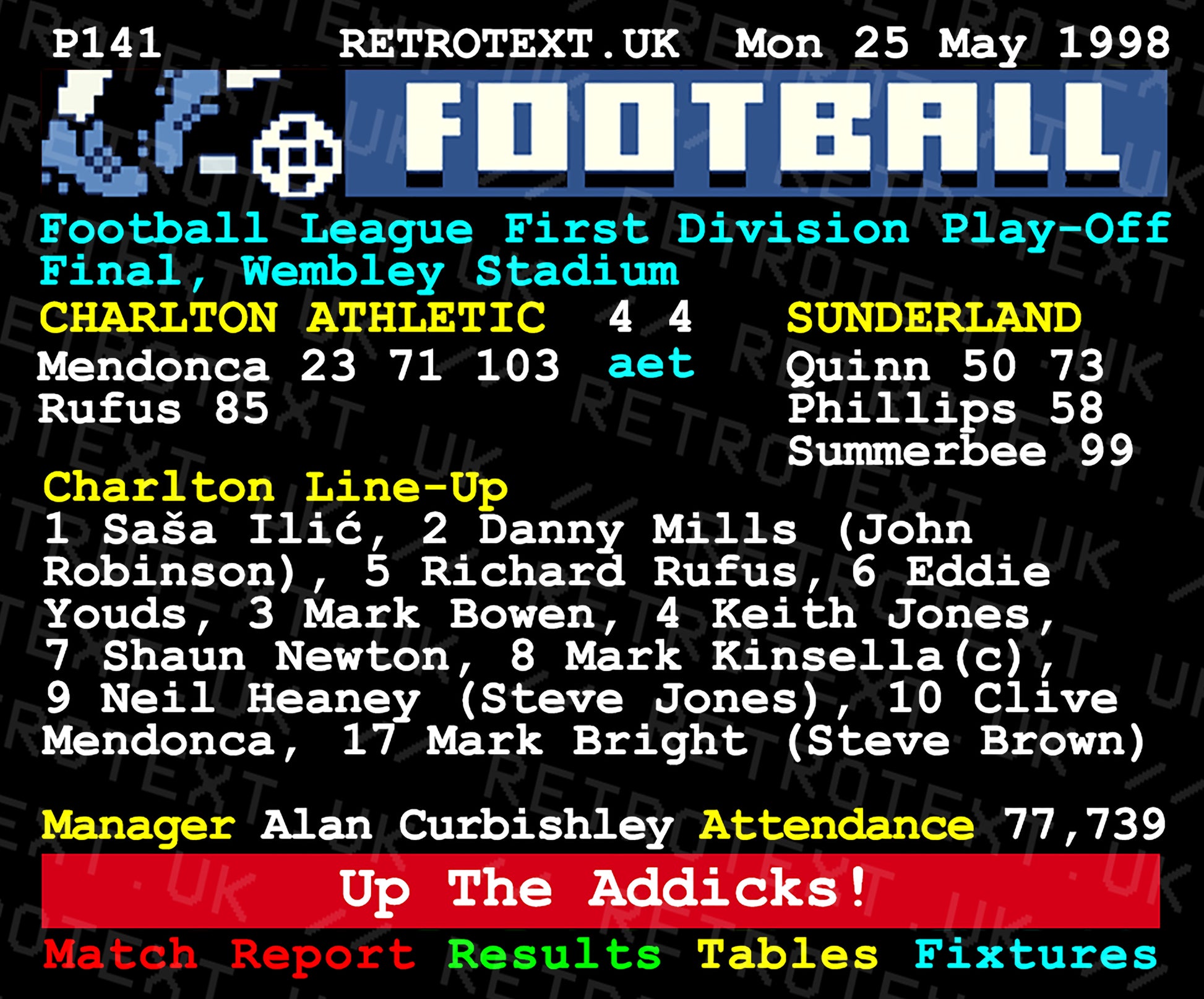 Retrotext Charlton Athletic 1998 Play-off Final winners teletext design on a glossy white 11oz ceramic mug
