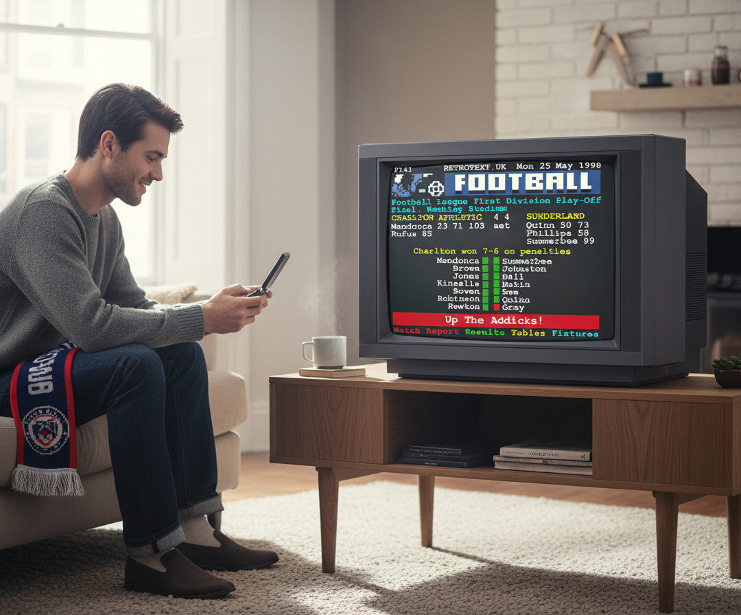 Retrotext Charlton Athletic 1998 Playoff Final mug featuring a vintage teletext score display on a living room table.