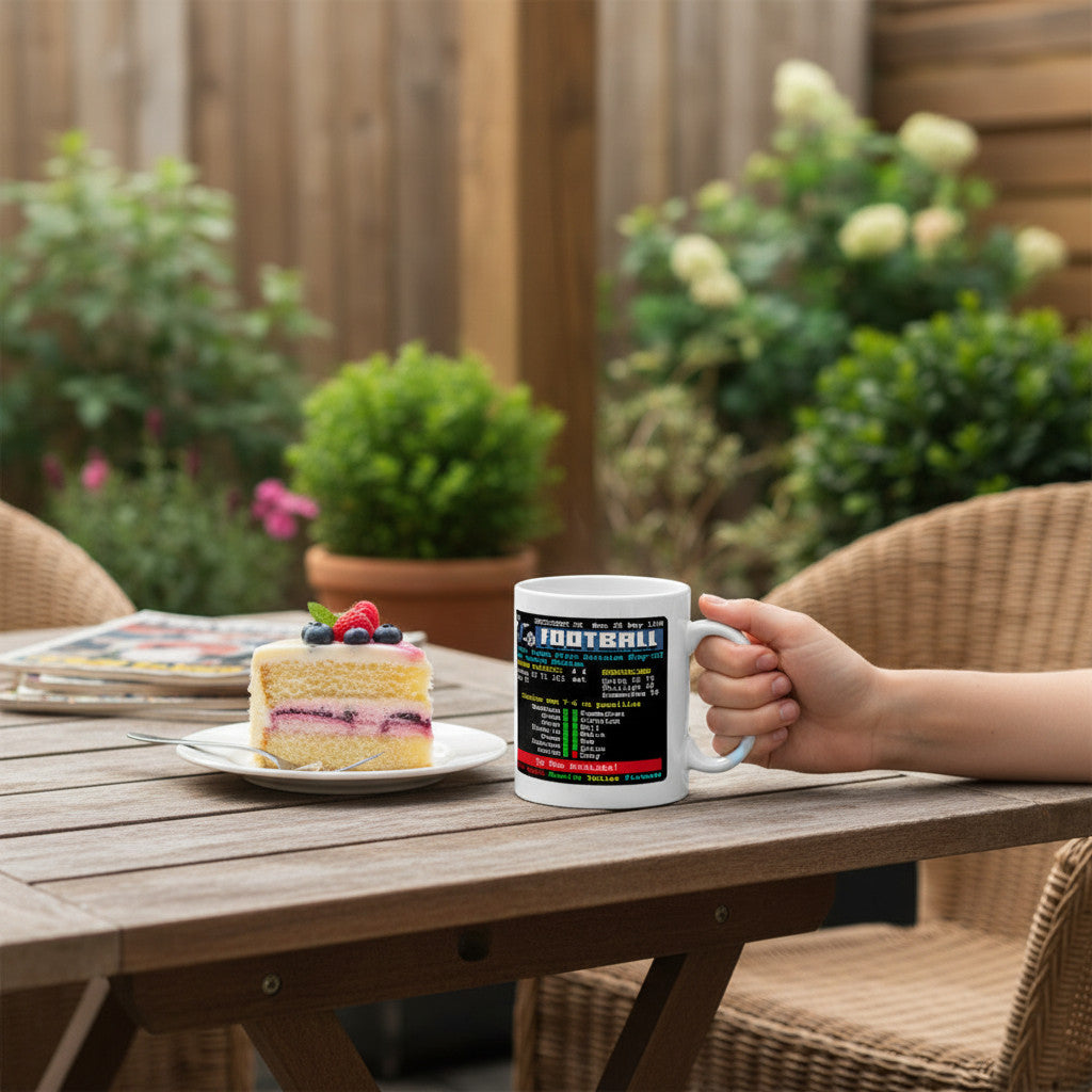 Retrotext Charlton Athletic 1998 Playoff Final Teletext mug held in hand on a wooden garden table with berry cake.