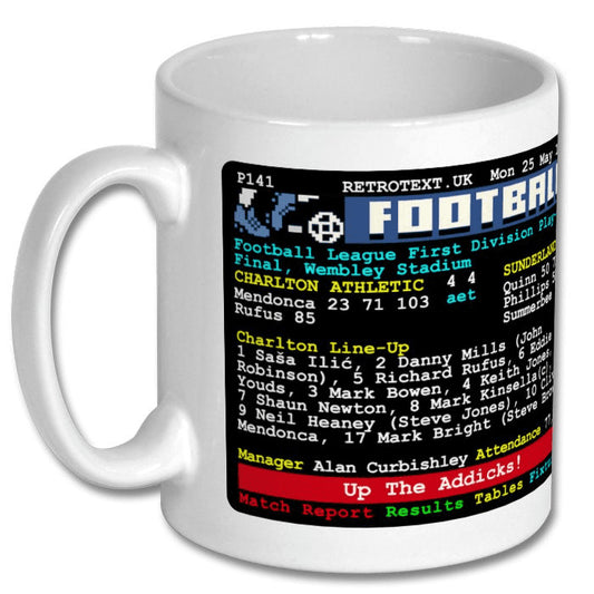 Retrotext Charlton Athletic 1998 Playoff Final Teletext design on a glossy white 11oz ceramic mug