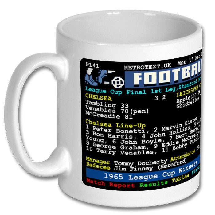 Retrotext Chelsea 1965 League Cup Winners ceramic mug featuring a vintage teletext sports page design.